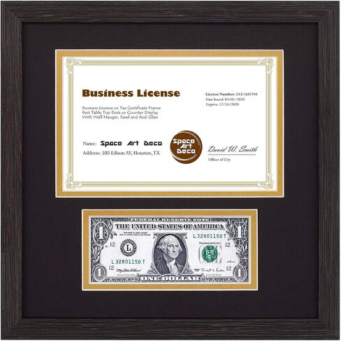 Space Art Deco, 11.5x11.5 Picture Frame with 2 Opening Fits a 5.5x8.5 Business License and A Dollar Bill with Black Over Gold Double Mat, Wall Mounting (Black/Ornate Gold) in Saudi Arabia
