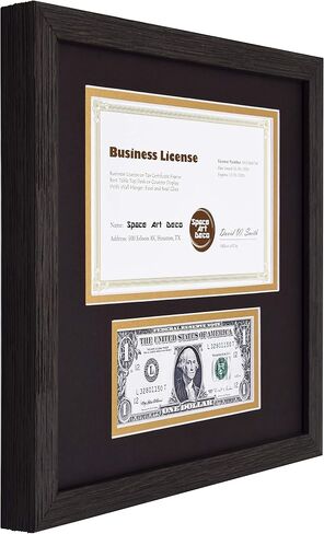 Space Art Deco, 11.5x11.5 Picture Frame with 2 Opening Fits a 5.5x8.5 Business License and A Dollar Bill with Black Over Gold Double Mat, Wall Mounting (Black/Ornate Gold) in Saudi Arabia