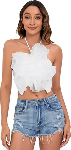 Women's Solid 3D Flower Peal Beaded Halter Top Asymmetrical Hem Sleeveless Drawstring Backless Tank Tops White B Large in Saudi Arabia