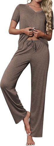 Ekouaer Women's Pajamas Set Soft 2 Piece Lounge Sets V-neck Sleepwear Short Sleeve Top Pants with Pockets in Saudi Arabia