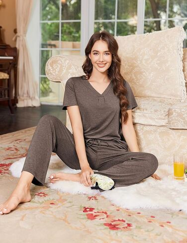 Ekouaer Women's Pajamas Set Soft 2 Piece Lounge Sets V-neck Sleepwear Short Sleeve Top Pants with Pockets in Saudi Arabia
