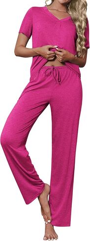 Ekouaer Women's Pajamas Set Soft 2 Piece Lounge Sets V-neck Sleepwear Short Sleeve Top Pants with Pockets in Saudi Arabia