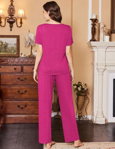 Ekouaer Women's Pajamas Set Soft 2 Piece Lounge Sets V-neck Sleepwear Short Sleeve Top Pants with Pockets in Saudi Arabia