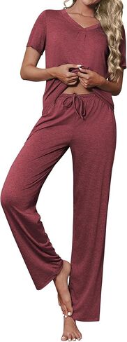 Ekouaer Women's Pajamas Set Soft 2 Piece Lounge Sets V-neck Sleepwear Short Sleeve Top Pants with Pockets in Saudi Arabia