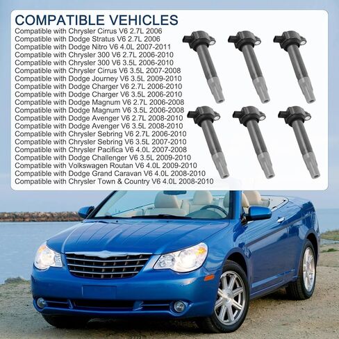 مجموعة من 6 ملفات إشعال متوافقة مع كرايسلر 300 سيروس سيبرينغ باسيفيكا دودج تشارجر ماغنوم ستراتوس أفينجر تشالنجر جورني نيترو V6 2.7L 3.5L استبدال # UF502، 4606869AA، 4606869AB in Kuwait