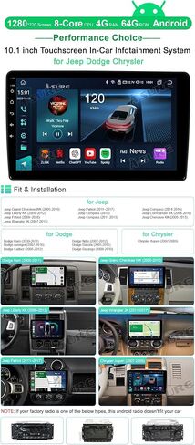 ASURE 10.1 inch Android Car Stereo Radio for Dodge Ram 1500 2009-2012,Jeep Wrangler 2007-2017,Chrysler 300C 2008-2010,Car GPS Navigation Unit with Wireless Carplay,Android Auto,1280x800 Screen in Saudi Arabia