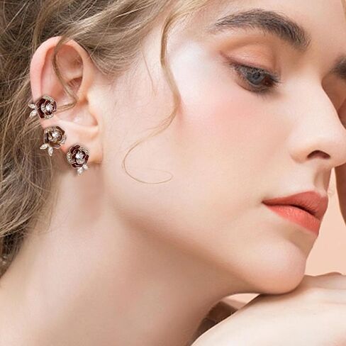 Sonateomber Gold Flower Leaf Stud Hoop Earrings for Women, Valentine Statement Cute Sparkly Rhinestone Enamel Floral huggie Earing Wedding Prom Fashion Jewelry Gift. in Kuwait