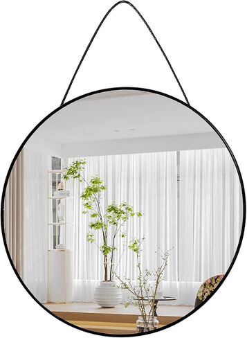 15.5IN Round Mirror, Rope Hanging Mirror, Decorative Wall Mirror with Hanging Chain for Bedroom, Bathroom, Living Room, Dresser (Black) in Saudi Arabia