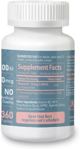 Vitamin D3 2000iu (50 mcg) - Bones, Teeth, Muscle Health and Immune Support Supplement - 180 Tablets, 180 Day Supply in Kuwait