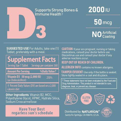 Vitamin D3 2000iu (50 mcg) - Bones, Teeth, Muscle Health and Immune Support Supplement - 180 Tablets, 180 Day Supply in Kuwait