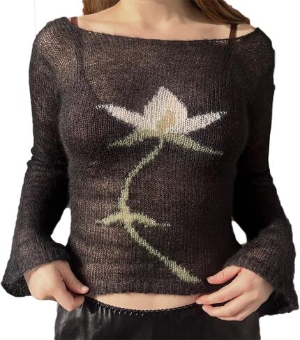 ICNGLKSND Women Lightweight Sheer Sweater Floral Print Knitwear Long Sleeve Boat Neck See Through Jumper Loose Rib Crop Tops in Kuwait