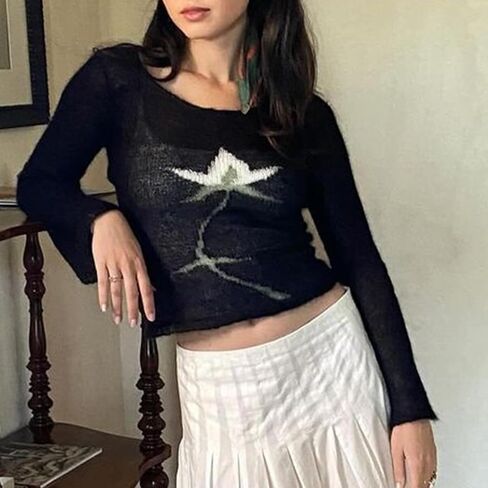 ICNGLKSND Women Lightweight Sheer Sweater Floral Print Knitwear Long Sleeve Boat Neck See Through Jumper Loose Rib Crop Tops in Kuwait