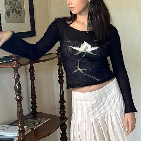 ICNGLKSND Women Lightweight Sheer Sweater Floral Print Knitwear Long Sleeve Boat Neck See Through Jumper Loose Rib Crop Tops in Kuwait