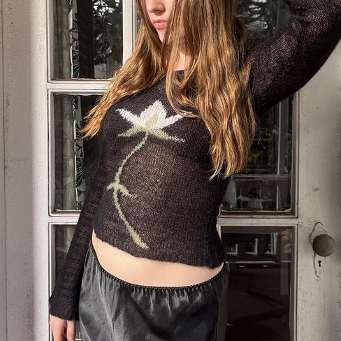 ICNGLKSND Women Lightweight Sheer Sweater Floral Print Knitwear Long Sleeve Boat Neck See Through Jumper Loose Rib Crop Tops in Kuwait