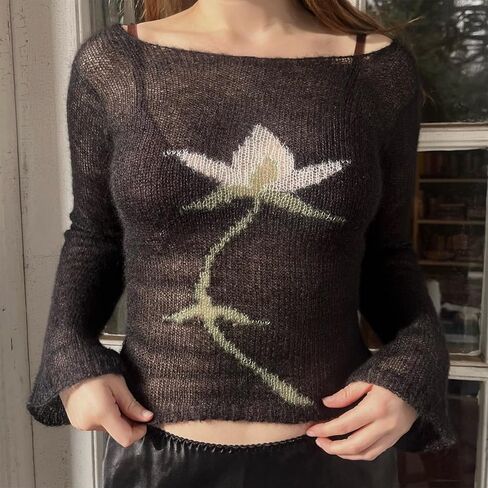 ICNGLKSND Women Lightweight Sheer Sweater Floral Print Knitwear Long Sleeve Boat Neck See Through Jumper Loose Rib Crop Tops in Kuwait