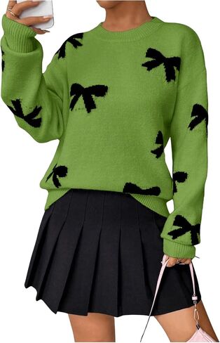 GORGLITTER Women's Bow Sweater Long Sleeve Crew Neck Vintage Y2k Knitted Sweater in Saudi Arabia