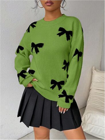 GORGLITTER Women's Bow Sweater Long Sleeve Crew Neck Vintage Y2k Knitted Sweater in Saudi Arabia