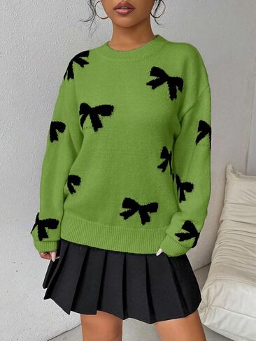 GORGLITTER Women's Bow Sweater Long Sleeve Crew Neck Vintage Y2k Knitted Sweater in Saudi Arabia
