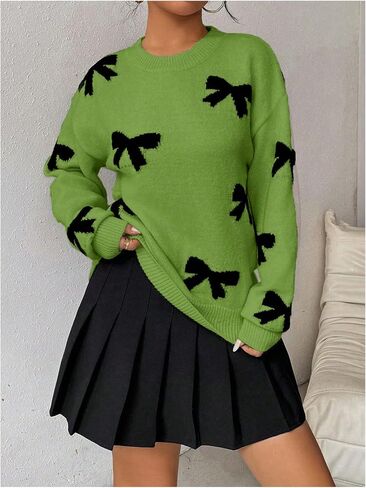 GORGLITTER Women's Bow Sweater Long Sleeve Crew Neck Vintage Y2k Knitted Sweater in Saudi Arabia