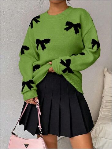 GORGLITTER Women's Bow Sweater Long Sleeve Crew Neck Vintage Y2k Knitted Sweater in Saudi Arabia