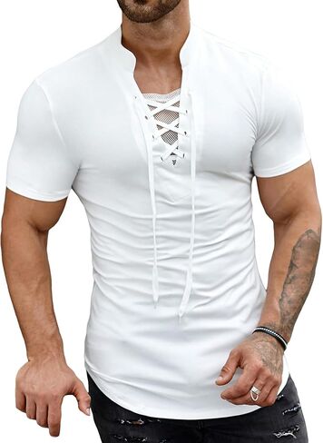 Verdusa Men's Lace Up Notched Neck Tee Tops Short Sleeve Shirts Muscle Top in Saudi Arabia