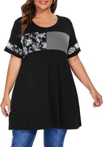 OVERWORETY Plus Size Tunics for Women Short Sleeve Animal Print Color Block Swing Tee Tops Shirts in Kuwait