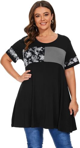 OVERWORETY Plus Size Tunics for Women Short Sleeve Animal Print Color Block Swing Tee Tops Shirts in Kuwait