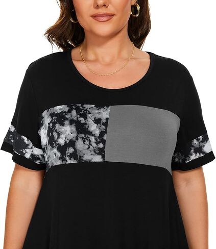 OVERWORETY Plus Size Tunics for Women Short Sleeve Animal Print Color Block Swing Tee Tops Shirts in Kuwait