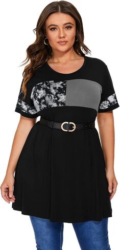 OVERWORETY Plus Size Tunics for Women Short Sleeve Animal Print Color Block Swing Tee Tops Shirts in Kuwait