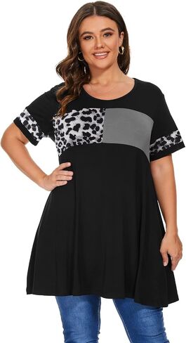 OVERWORETY Plus Size Tunics for Women Short Sleeve Animal Print Color Block Swing Tee Tops Shirts in Kuwait