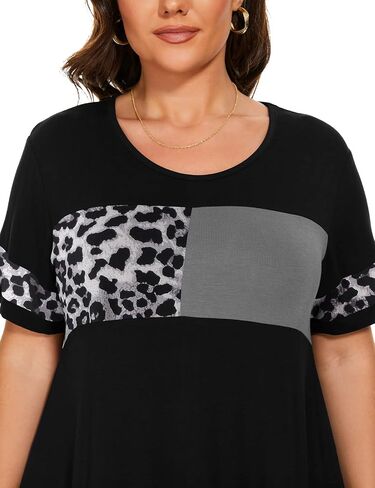OVERWORETY Plus Size Tunics for Women Short Sleeve Animal Print Color Block Swing Tee Tops Shirts in Kuwait
