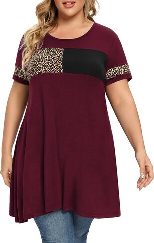 OVERWORETY Plus Size Tunics for Women Short Sleeve Animal Print Color Block Swing Tee Tops Shirts in Kuwait
