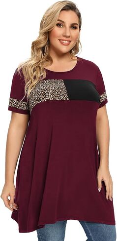 OVERWORETY Plus Size Tunics for Women Short Sleeve Animal Print Color Block Swing Tee Tops Shirts in Kuwait