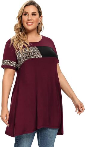 OVERWORETY Plus Size Tunics for Women Short Sleeve Animal Print Color Block Swing Tee Tops Shirts in Kuwait