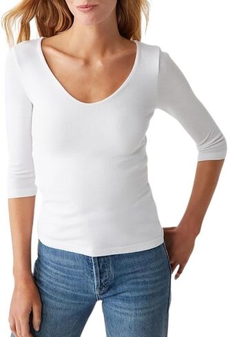 تي شيرت Angelina للسيدات من Michael Stars بأكمام 3/4 ورقبة على شكل حرف V لامعة in Kuwait