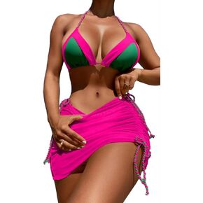 Women Bikini Swimsuits, 3 Piece Pleated Drawstring Bathing Suit, High Cut Tie Side Bikini Set Twisted Rope