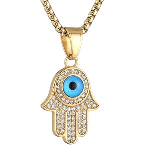 AsAlways 18K Gold Plated Hand of Fatima Pendant Inlay CZ Vintage Hip Hop Rock Punk Totem Amulet Charm Evil Eye Fatima Hamsa Hand Necklace