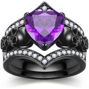 Gothic Black Rose Flower Skull Engagement Ring Set Red Purple Heart-shaped Zircon Crystal Wedding Anniversary Mother's Day Holiday Gift Jewelry