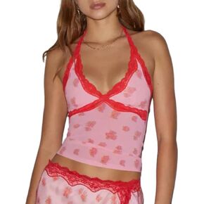 Women Leopard Print Tank Top Lace Trim Deep V Neck Sheer Mesh Cheetah Print Sleeveless Crop Top Sexy Going Out Tops