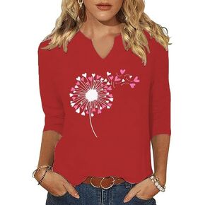 3/4 Sleeve V-Neck Shirts for Women Cute Love Heart Graphic Shirts Valentine's Day Tops Spring Blouse Gifts