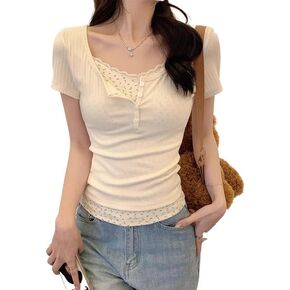 Women Lace Trim Y2K Cute Tshirt Coquette Floral Summer Ribbed Knit Crop Top Fairycore Baby Tees Cottagecore 90s Shirt