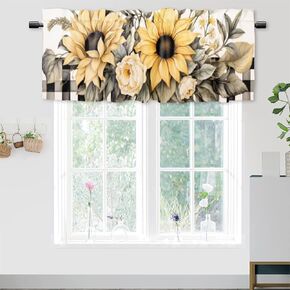 Watercolor Sunflower Blackout Kitchen Curtain Valances Black Buffalo Plaid Yellow Flower Window Valance for Living Room Bedroom, Kitchen Valance Rod Pocket Window Curtain 54 by 18 in, 1 Panel
