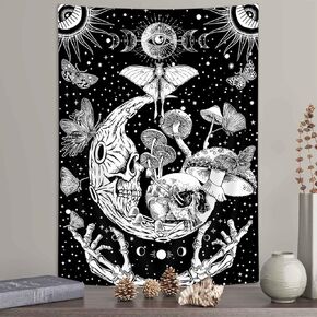 Boziqr Skull Moon Tapestry Mushroom Butterfly Tapestry Evil Eye Stars Black and White Boho Tapestries for Bedroom Living Room Dorm 40X60 Inches