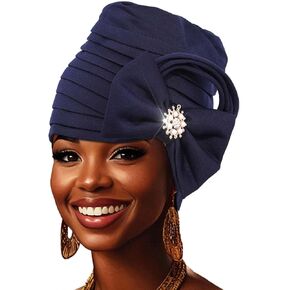 Woeoe Pre-Tied African Hats Auto Gele African Head Wraps Navy Blue Bow Church Turban for Women