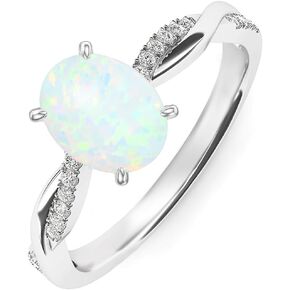 Oval White Opal Ring for Women 925 Sterling Silver with CZ October Birthstone Engagement Wedding Ring Jewelry Size 5 to 13