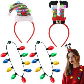 4 Pcs Christmas Headband and Light Necklace with 9 Bulbs Christmas Accessories Christmas Party Favors Xmas Costume for Women Men Santa Party Holiday