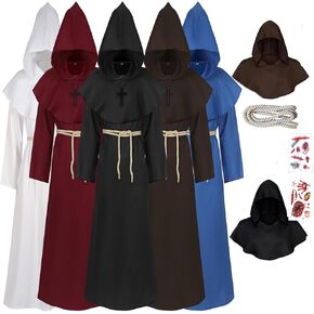 Friar Medieval Monk Long Cloak Priest Knight Robe Necklace Belt Tattoo Halloween Adult Teens Costume Cape Party Props
