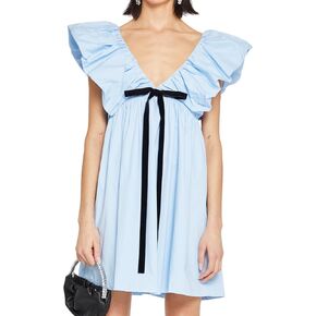 Womens Flower Bow Dress Deep V Neck Elegant Mini Dress Puffy Sleeve Boho Floral Bow Dress Flowy Dress