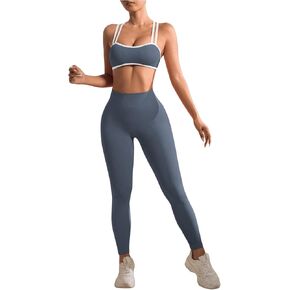 Women's 2 Piece Workout Tracksuits Set Crisscross Strappy Sports Bra and Tummy Control Leggings
