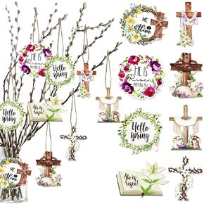 24 Pieces Happy Easter Wooden Hanging Signs Easter Cross Hanging Ornaments He is Risen Wooden Signs Religious Gifts Hanging Jesus Cross Ornament for Easter Day Religious Decor